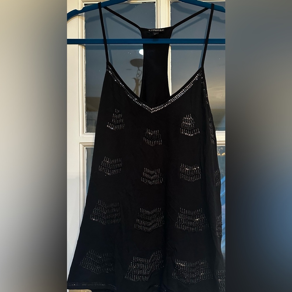 Express. Medium black tank top with bead embellishment. Race back style.